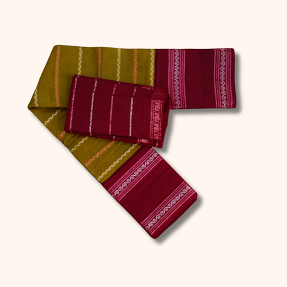 Olive Green Sungudi Cotton Saree with Magenta Contrast Blouse