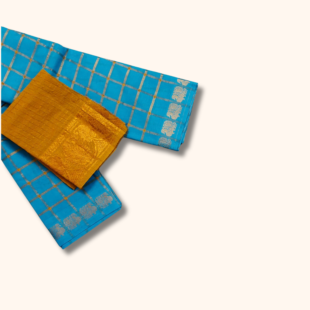 Sky Blue Checked Sungudi Saree with Golden Zari Border – Separate Blouse Piece