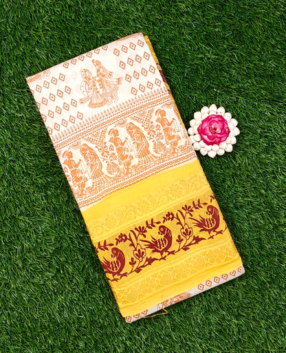 Cream Sungudi Cotton Saree with Traditional Brown Motifs & Yellow Bird Border