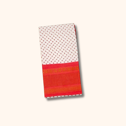 White Cotton Saree with Coral Orange Rich Border