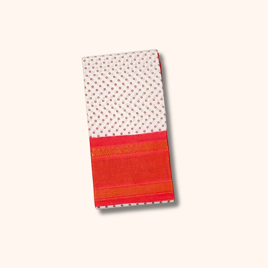 White Cotton Saree with Coral Orange Rich Border