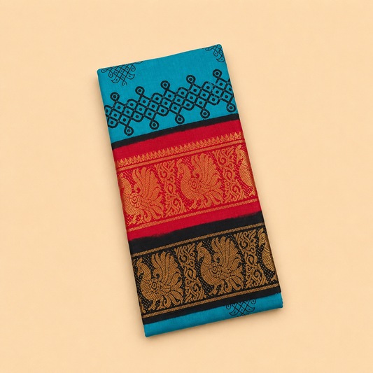 Turquoise Blue Printed Cotton Saree with Dual-Tone Designer Border
