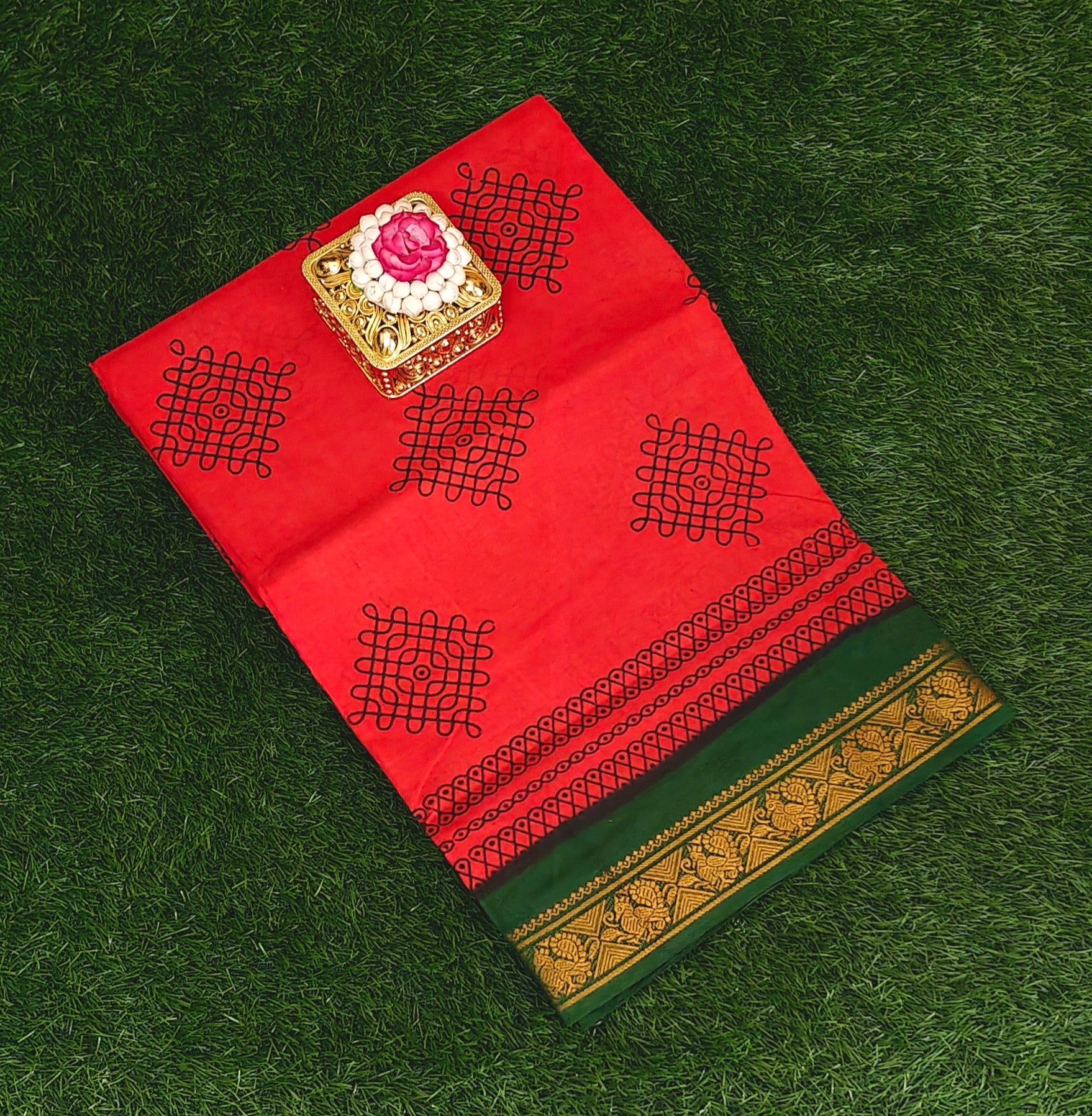 Vibrant Red Sungudi Cotton Saree with Green & Gold Border