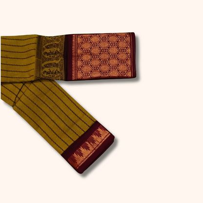 Olive Green Striped Cotton Saree with Maroon Geometric Border