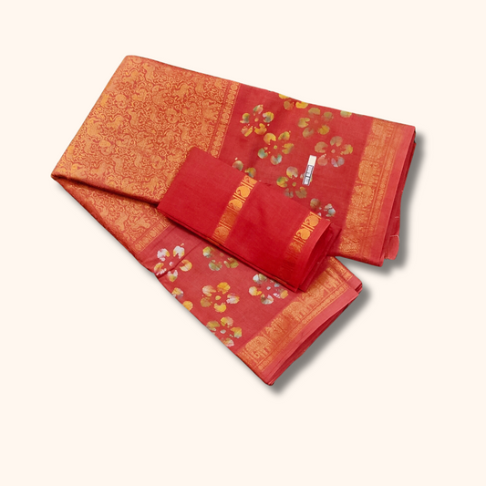 Orange Batik Floral Sungudi Cotton Saree with Elephant Zari Border & Separate Blouse Piece