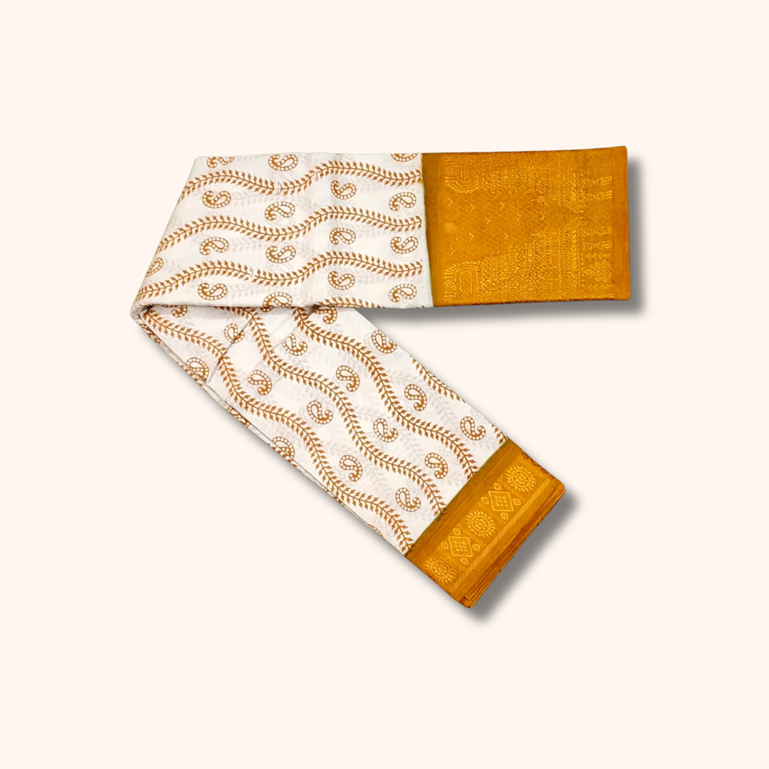 Off White Sungudi Cotton Saree with Mustard Yellow Temple Border