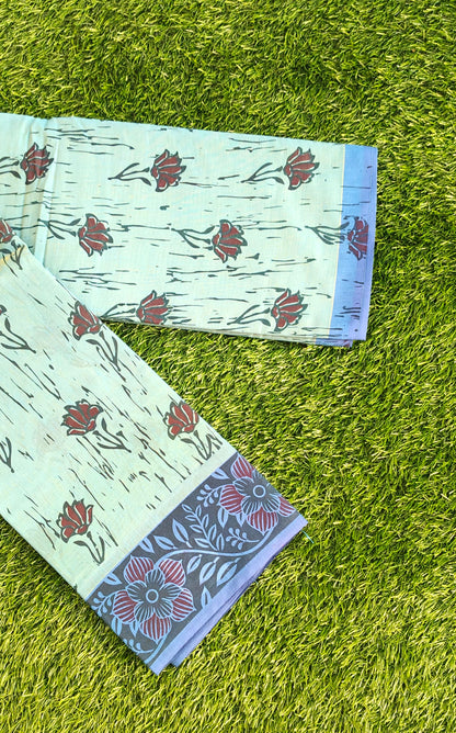 South Indian Pure Cotton Saree with Floral Block Print
