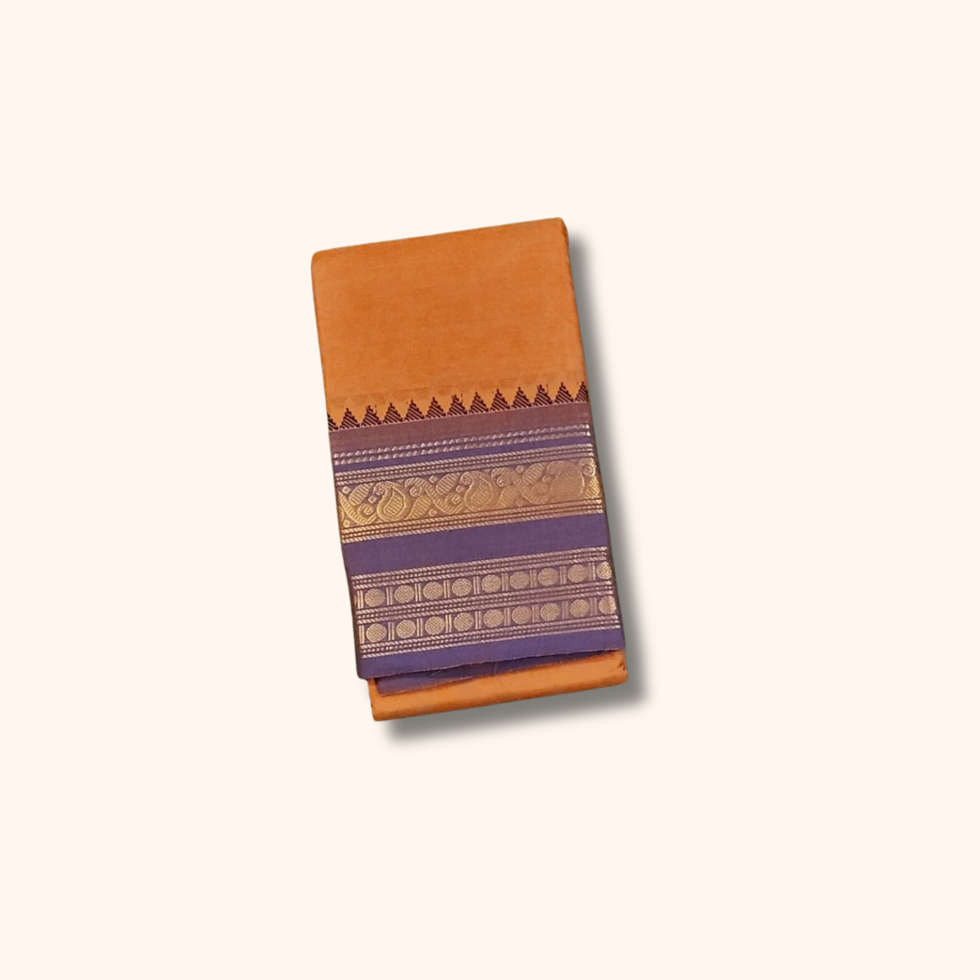 Orange Chettinad Cotton Saree with Purple Temple Border