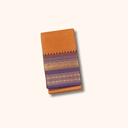 Orange Chettinad Cotton Saree with Purple Temple Border