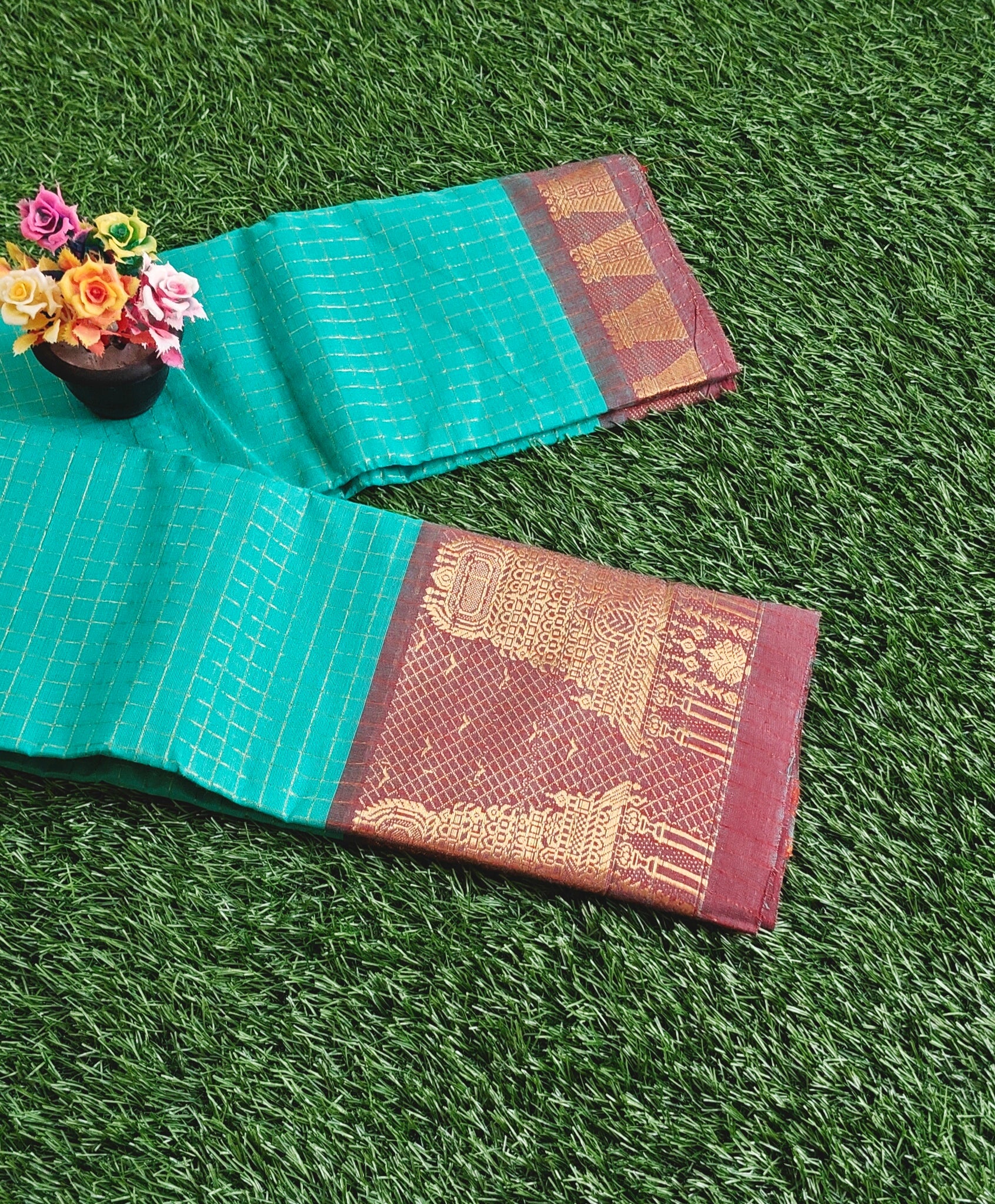 Chettinad Cotton Saree with Meenakshi Gopuram Border – Peacock Green Checks