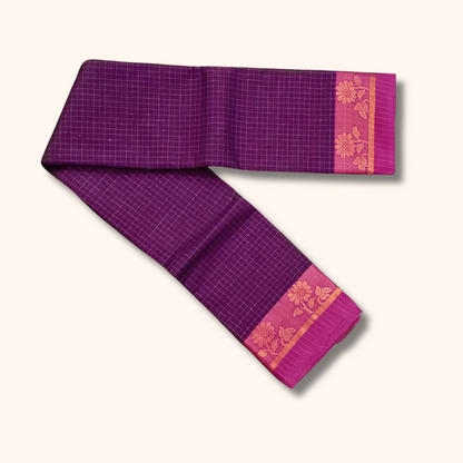 Purple Chettinad Cotton Saree with Pink Floral Border