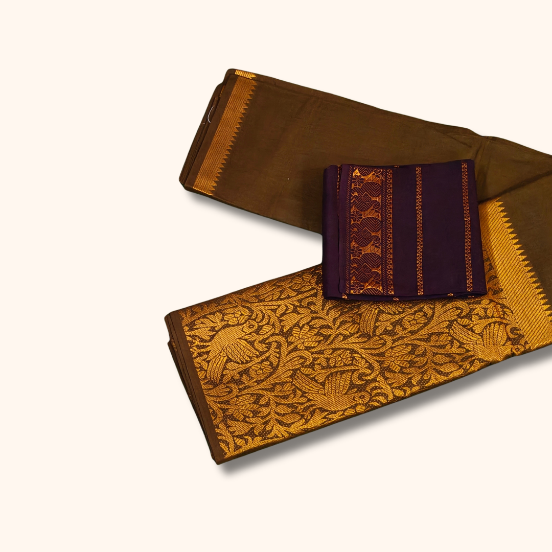 Mustard Brown Vasigara Pattern Sungudi Cotton Saree with Coffee Brown Separate Blouse Piece