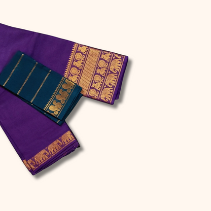 Purple Pure Cotton Saree with Teal Blue Contrast Blouse