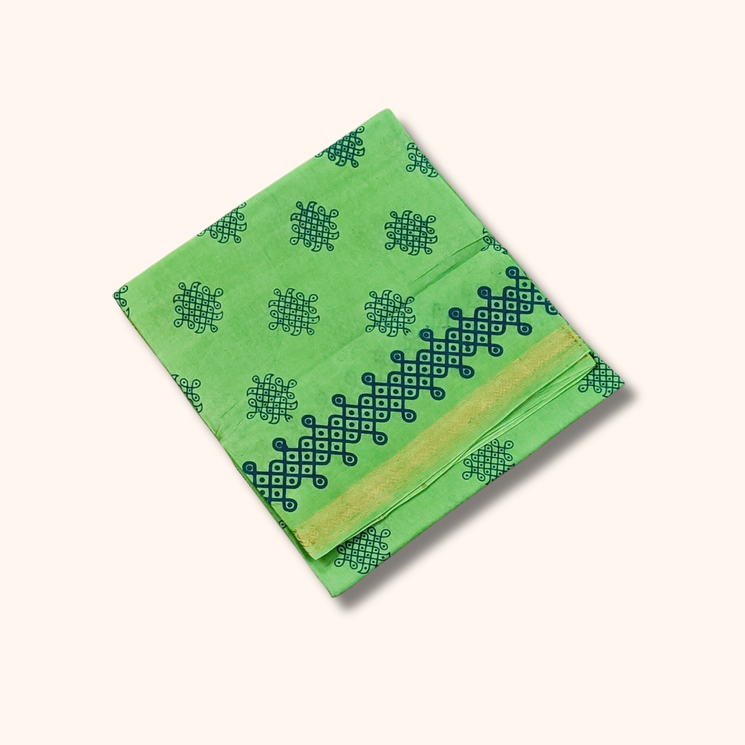 Parrot Green Kolam Print with Gold Zari Border