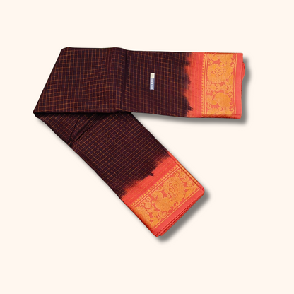 Dark Coffee Brown Sungudi Cotton Saree with Coral Orange Peacock Border