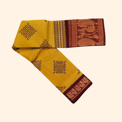 Mustard Yellow Kolam Cotton Saree with Maroon Peacock Border