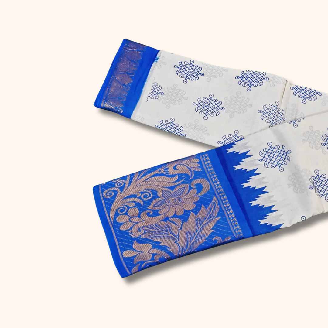 White & Royal Blue Printed Sungudi Cotton Saree with Traditional Zari Border