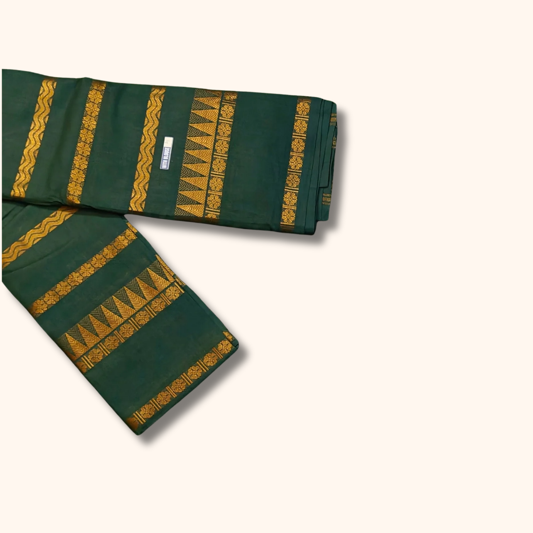 Dark Green Pure Sungudi Cotton Saree with Gold Zari Stripes & Traditional Border