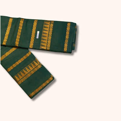 Dark Green Pure Sungudi Cotton Saree with Gold Zari Stripes & Traditional Border