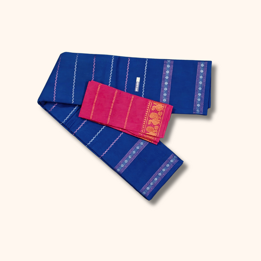 Royal Blue Sungudi Cotton Saree with Rani Pink Contrast Blouse