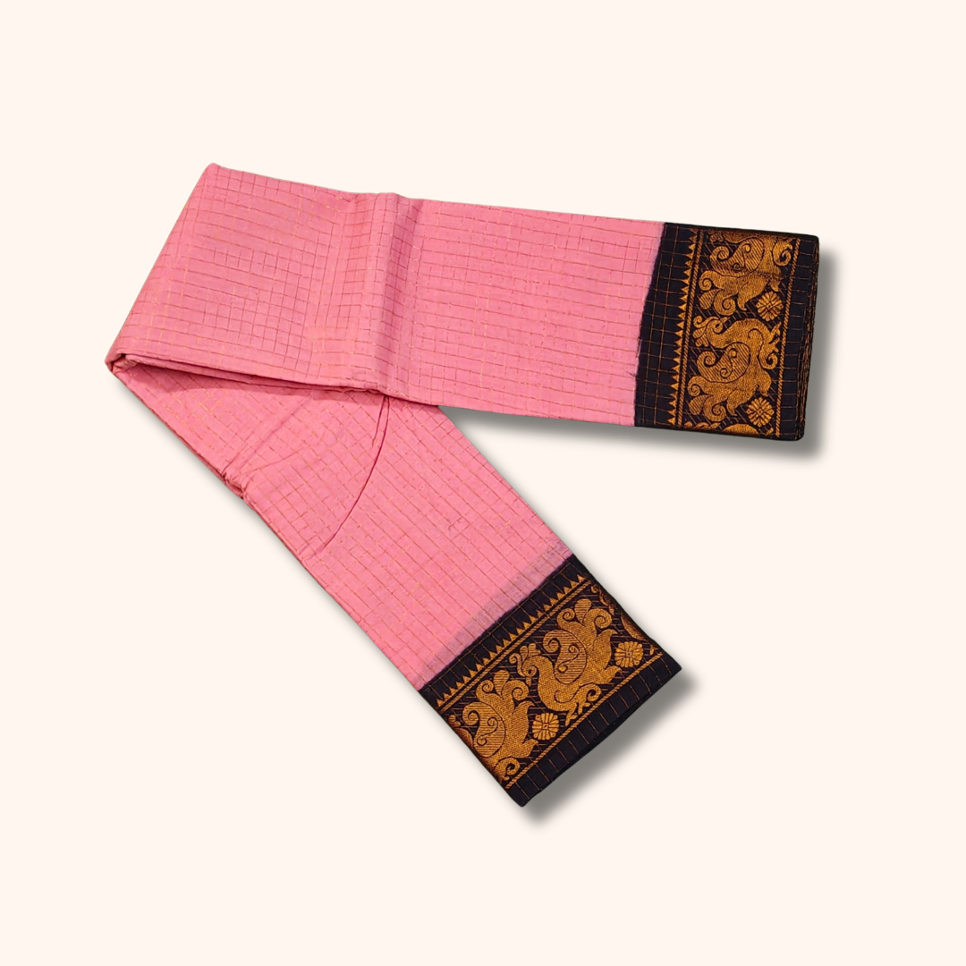 Pink Checked Sungudi Cotton Saree with Black Zari Border
