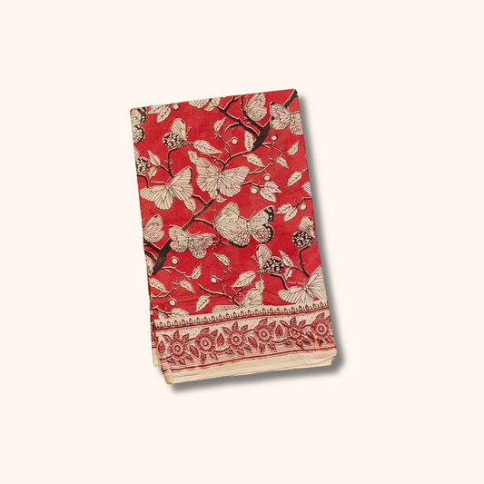 Red Kalamkari Cotton Saree with Floral & Butterfly Print