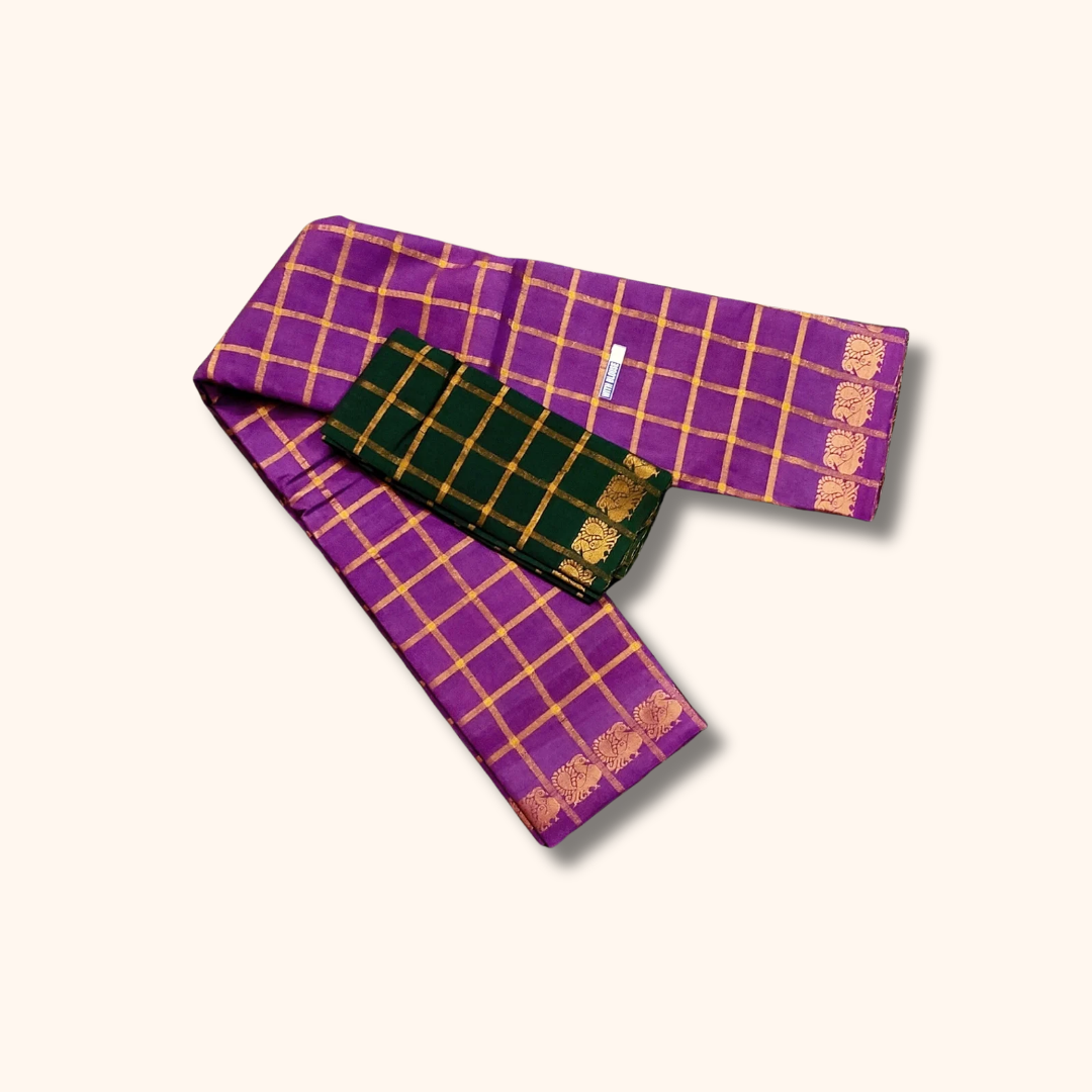 Pavithra Kattam Sungudi Cotton Saree – Rose with Gold Checks & Traditional Motif Border