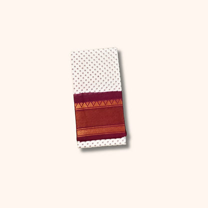 Off-White & Maroon Sungudi Cotton Saree with Tiny Dot Pattern & Copper-Gold Zari Border