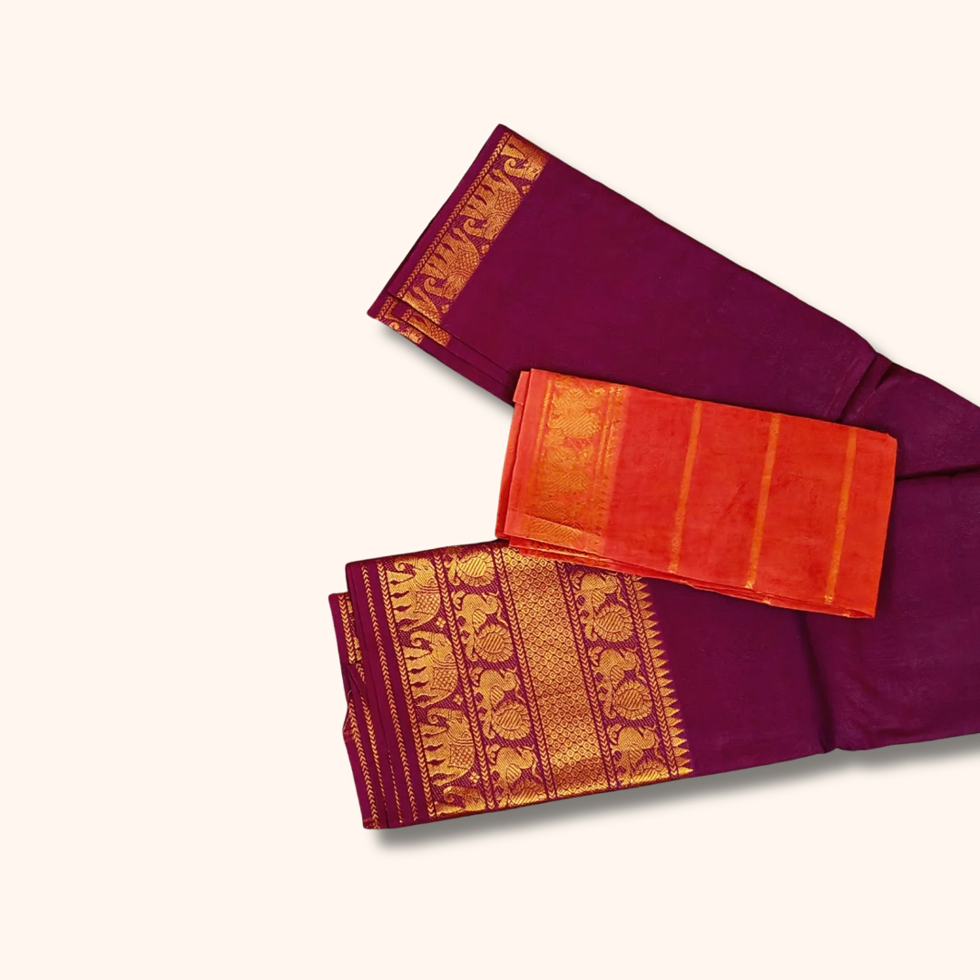 Wine Purple Pure Cotton Saree with Orange Contrast Blouse