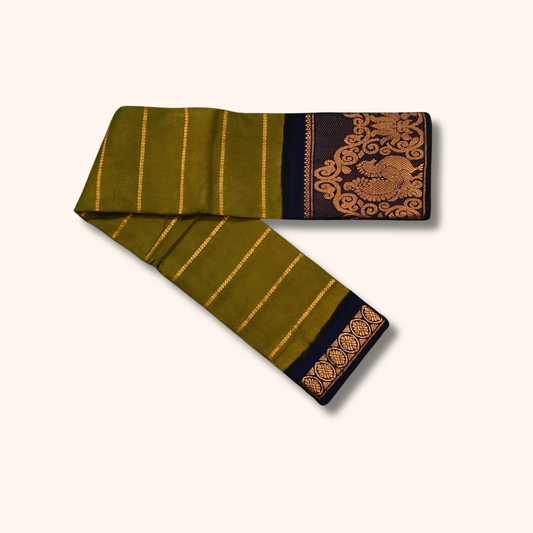 Olive Green Sungudi Cotton Saree with Navy Blue Peacock Zari Border