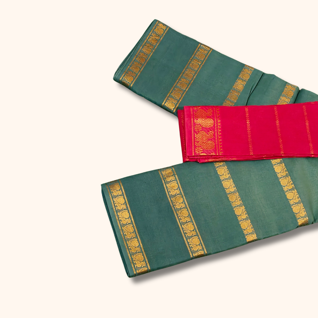 Sage Green Gold Zari Border Cotton Saree with Separate Blouse Piece