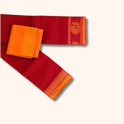 Maroon Checked Chettinad Cotton Saree with Peach Peacock Border