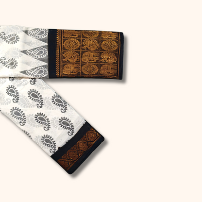 White & Black Printed Cotton Saree with Elephant Border
