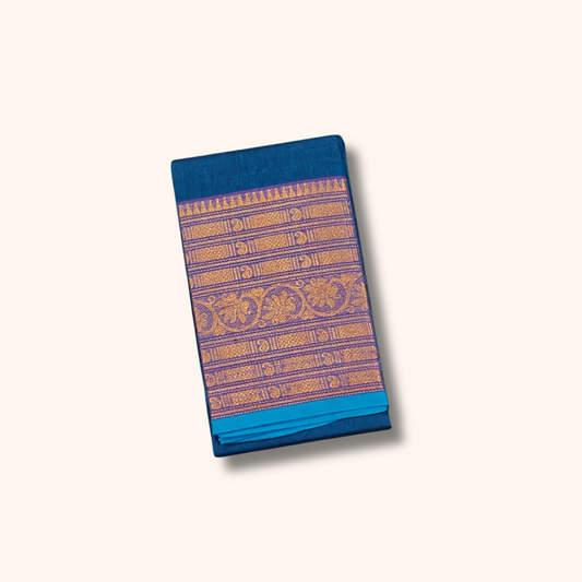 Royal Blue Chettinad Cotton Saree with Lavender Zari Border