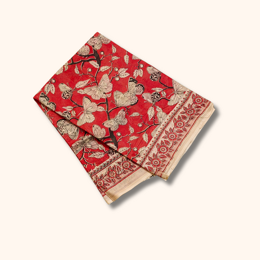 Red Kalamkari Cotton Saree with Floral & Butterfly Print
