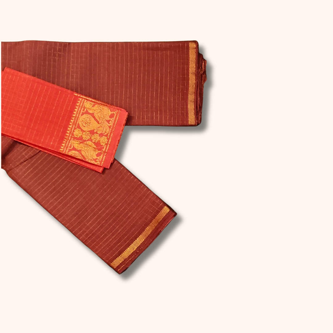 Coffee Brown Checked Sungudi Cotton Saree with Red Peacock Zari Border