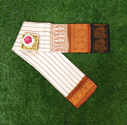Off-White Sungudi Cotton Saree with Traditional Stripes & Double Contrast Border