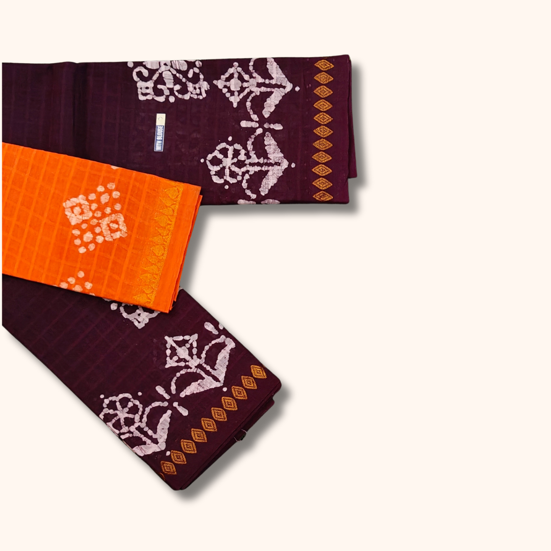 Maroon Floral Batik Print with Contrast Orange Blouse Piece Sungudi Cotton Saree
