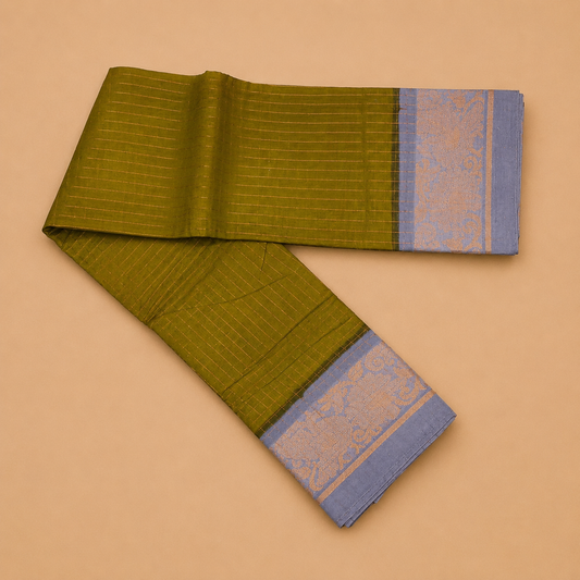 Beautiful Olive Green Cotton Saree with Gold Zari Border