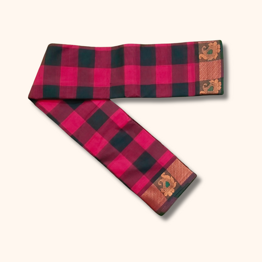 Pink & Dark Green Checked Chettinad Cotton Saree