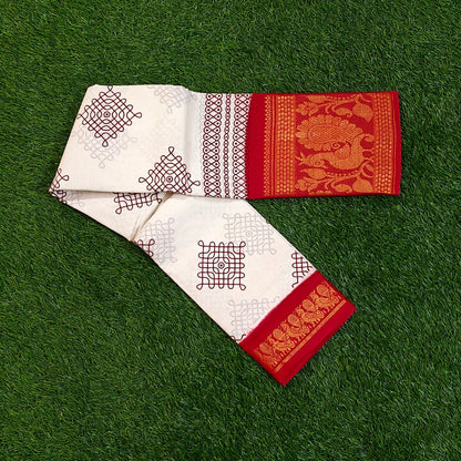 Attractive White Printed Cotton Saree with Bright Red Designer Border