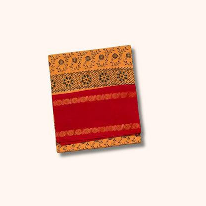 Mustard Yellow & Red Pure Sungudi Cotton Saree with Floral Design & Gold Border – No Blouse
