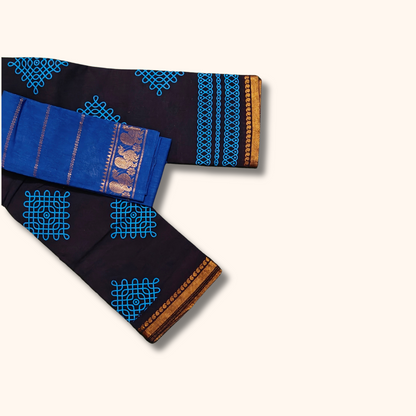 Attractive Navy Blue Sungudi Cotton Saree with Electric Blue Kolam Motifs