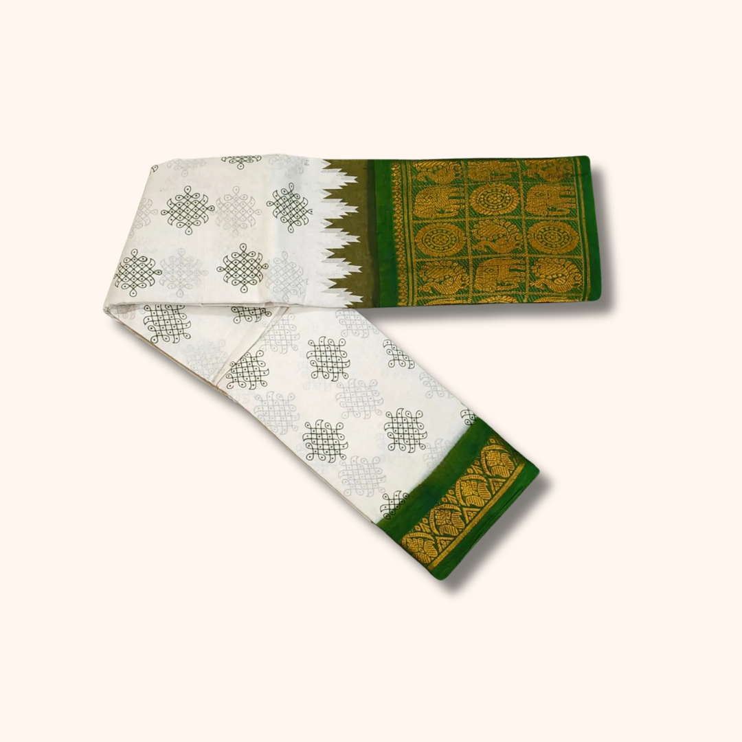 Cream Sungudi Cotton Saree with Bottle Green Elephant Zari Border