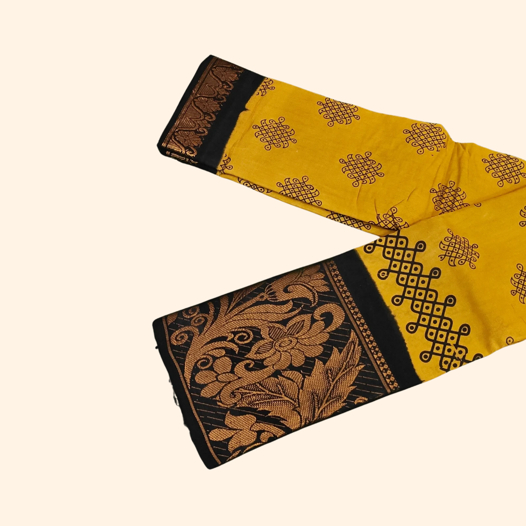 Mustard Yellow Kolam Cotton Saree with Black Floral Border