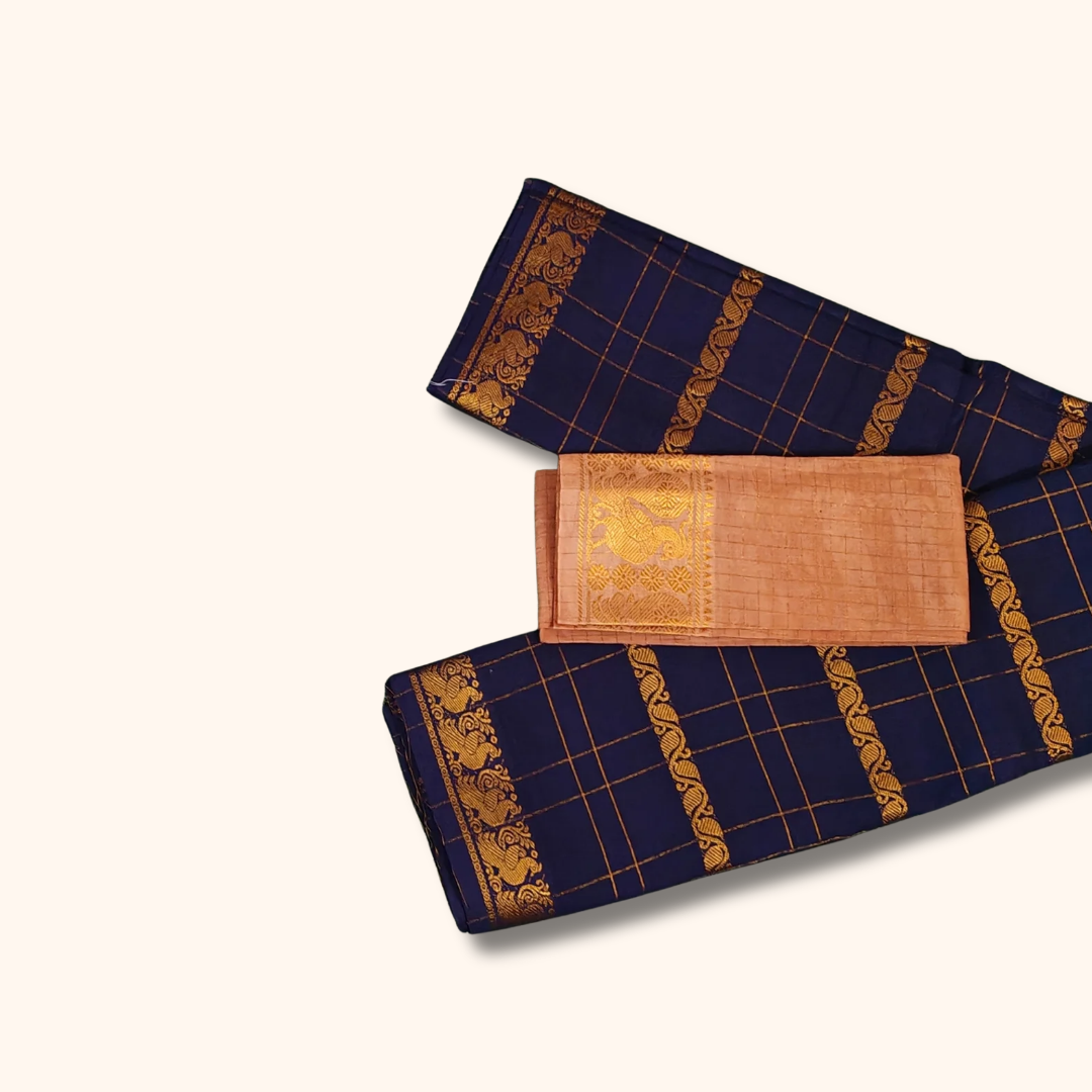 Navy Blue Pure Sungudi Cotton Saree with Gold Zari Checks & Peacock Border