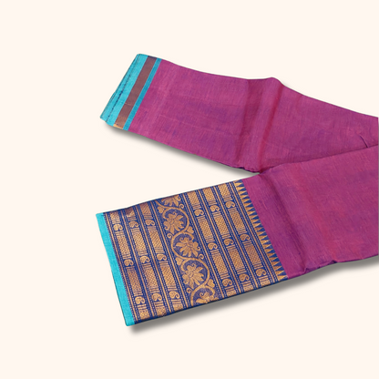 Magenta Chettinad Cotton Saree with Aqua Blue Zari Border