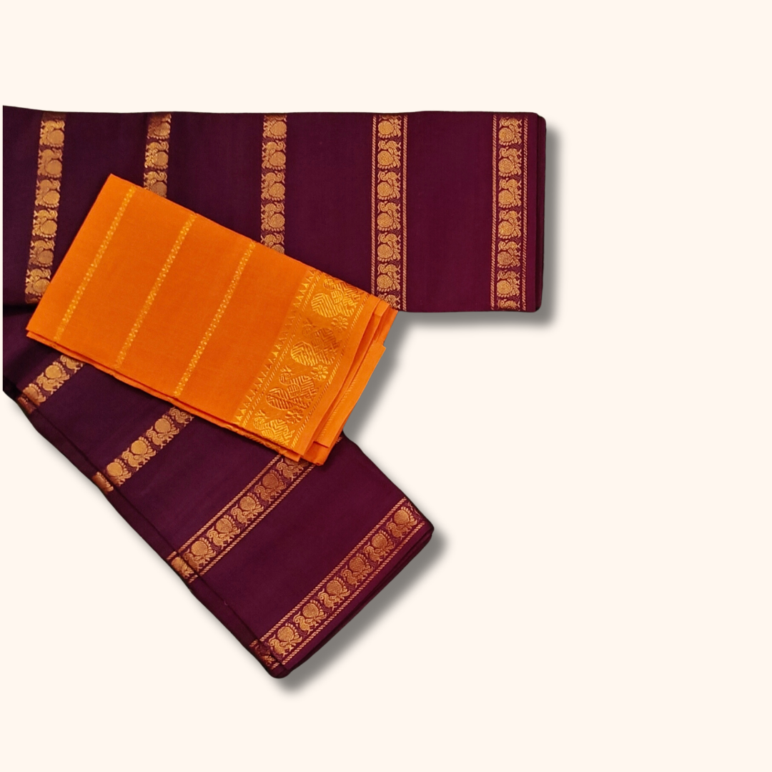 Maroon Cotton Saree with Gold Zari Border & Orange Separate Blouse