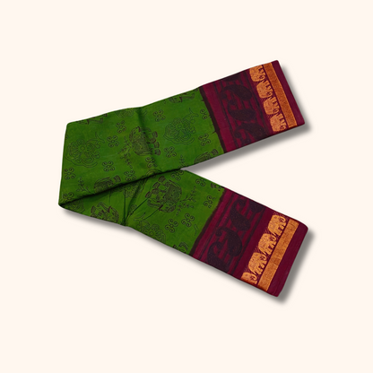 Parrot Green Cotton Saree with Elephant Border