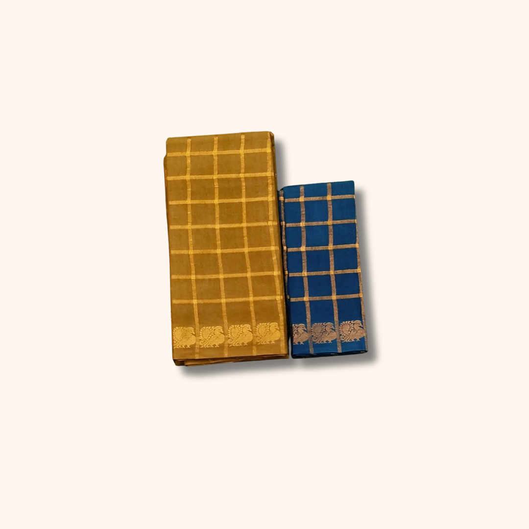 Pavithra Kattam Sungudi Cotton Saree – Mustard Gold with Gold Checks & Traditional Motif Border